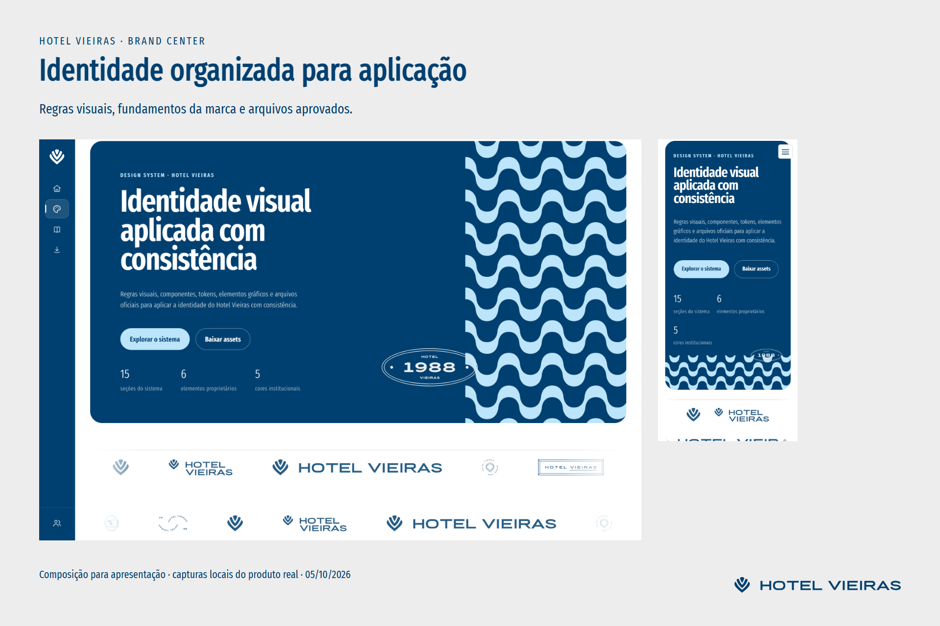 Hotel Vieiras Design System on desktop and mobile, with the wave pattern and blue identity