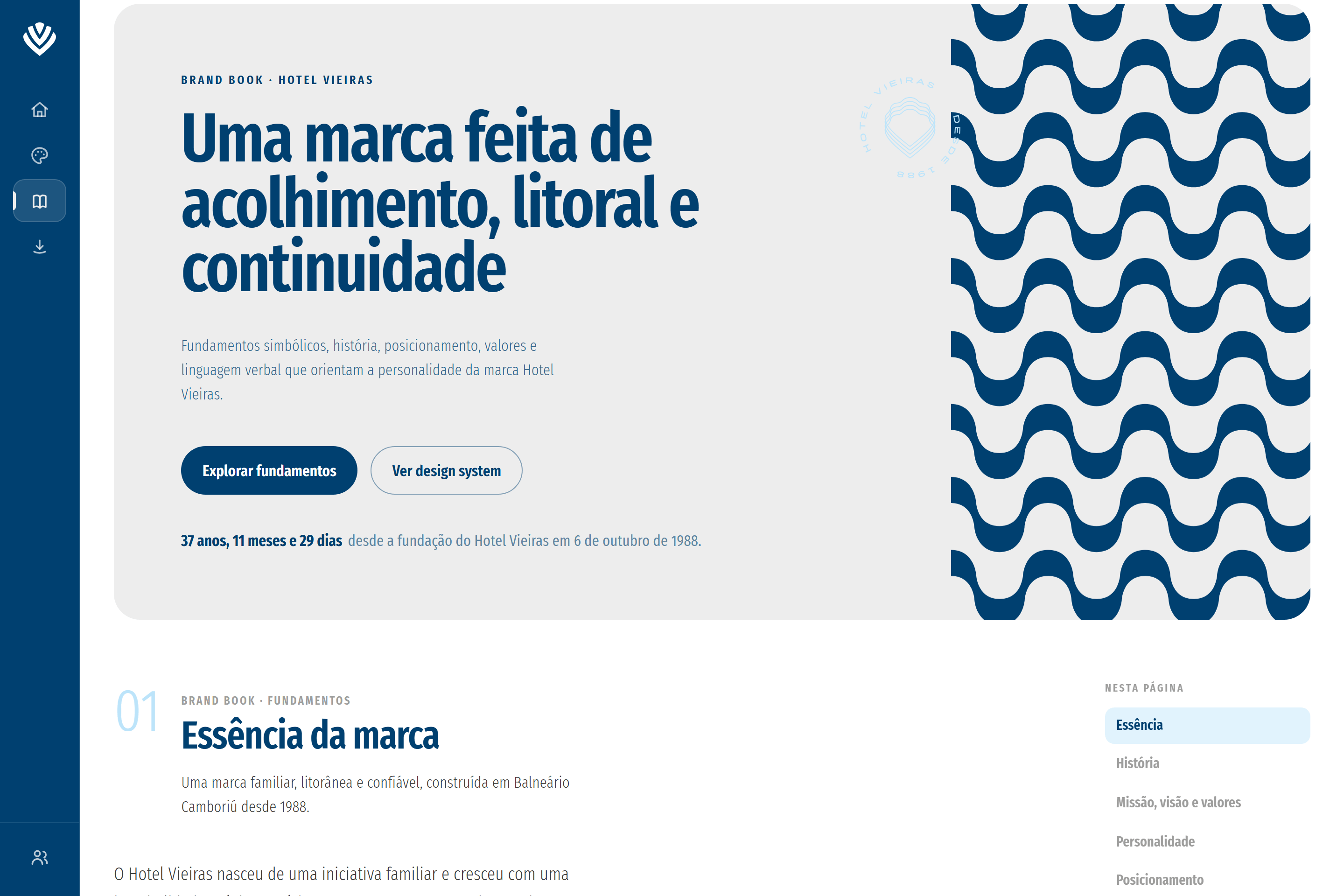 Hotel Vieiras Brand Book with brand foundations and section navigation