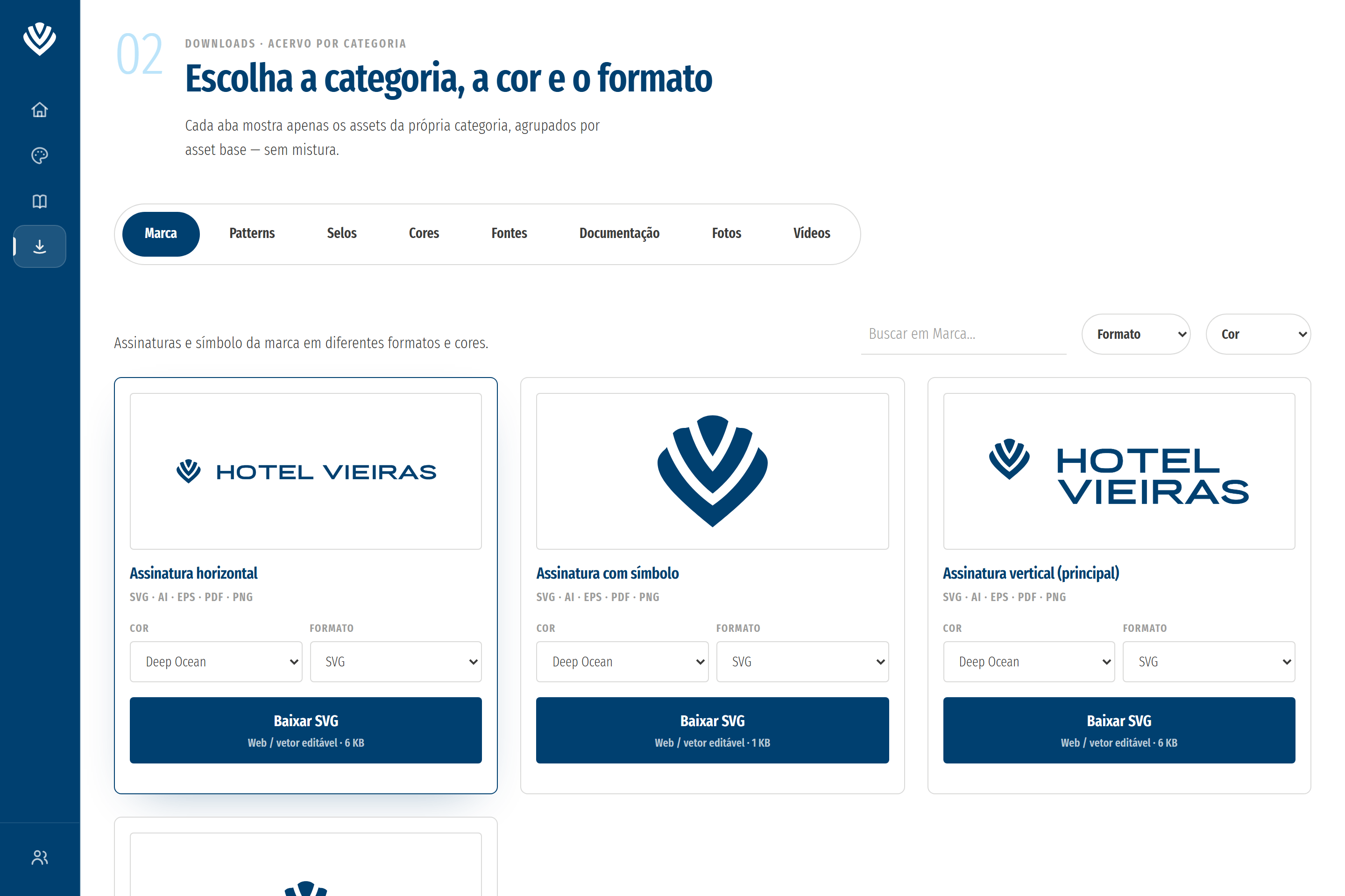 Logo library with categories, search, colour and format filters