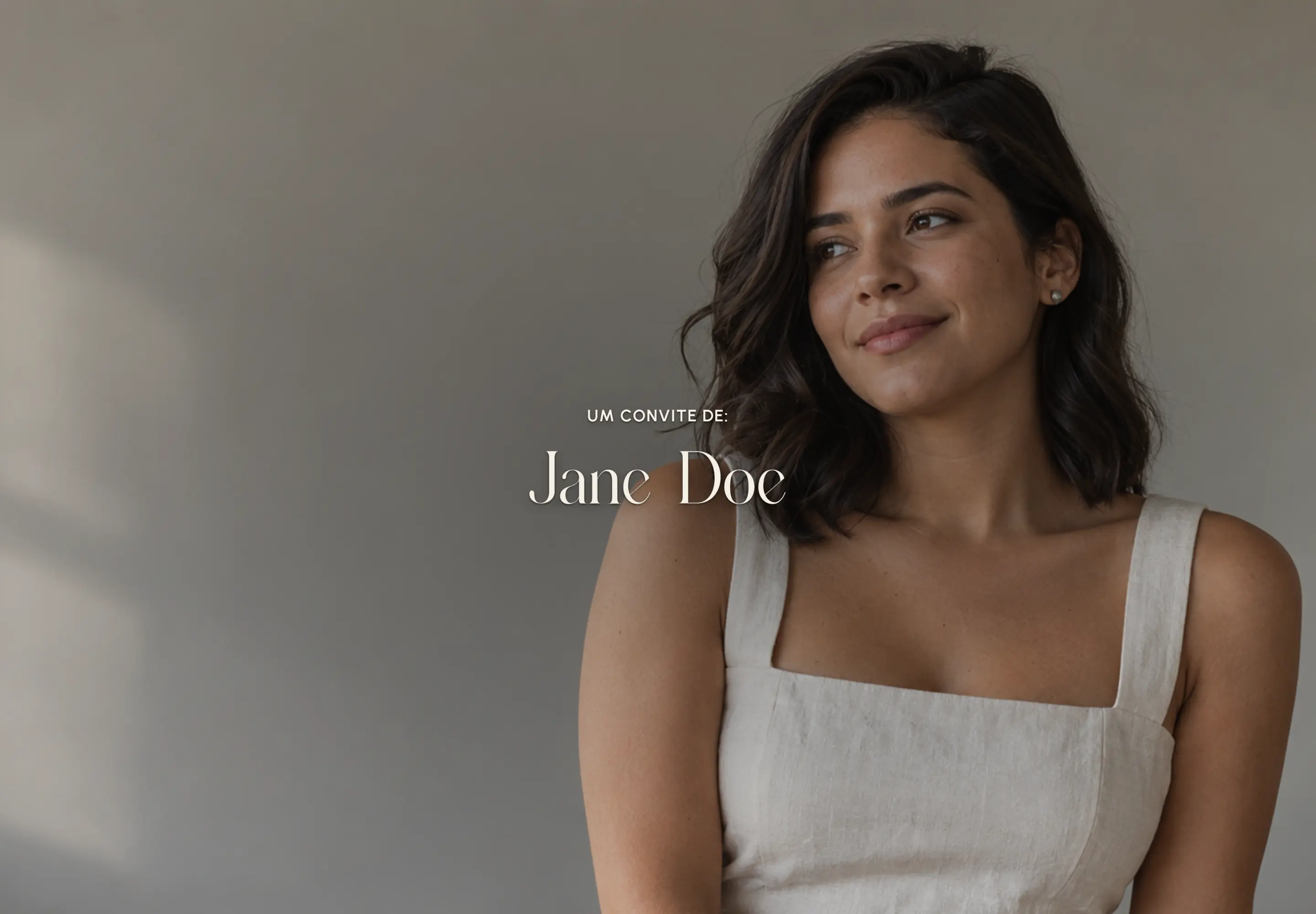 Invitation introduction with a portrait in neutral tones and the name Jane Doe