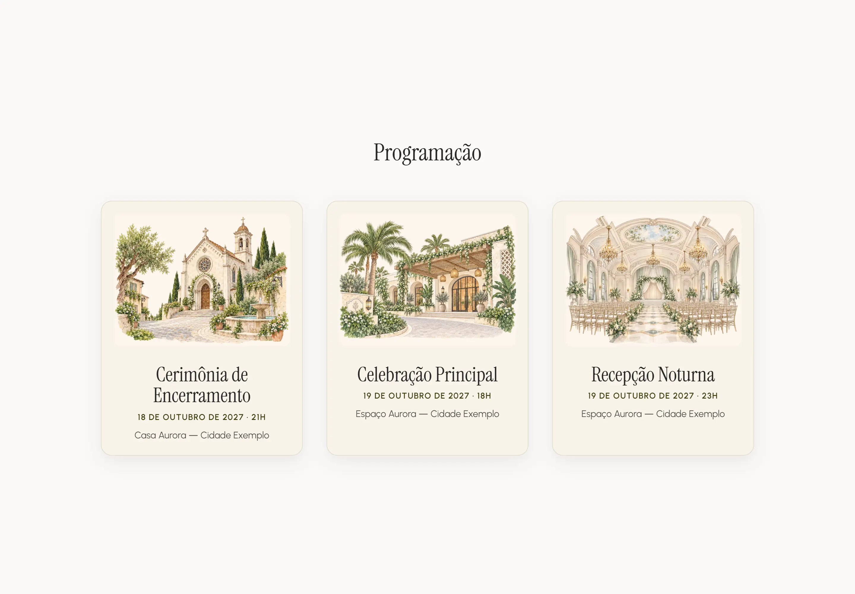 Invitation schedule: three illustrated events with dates, times and venues