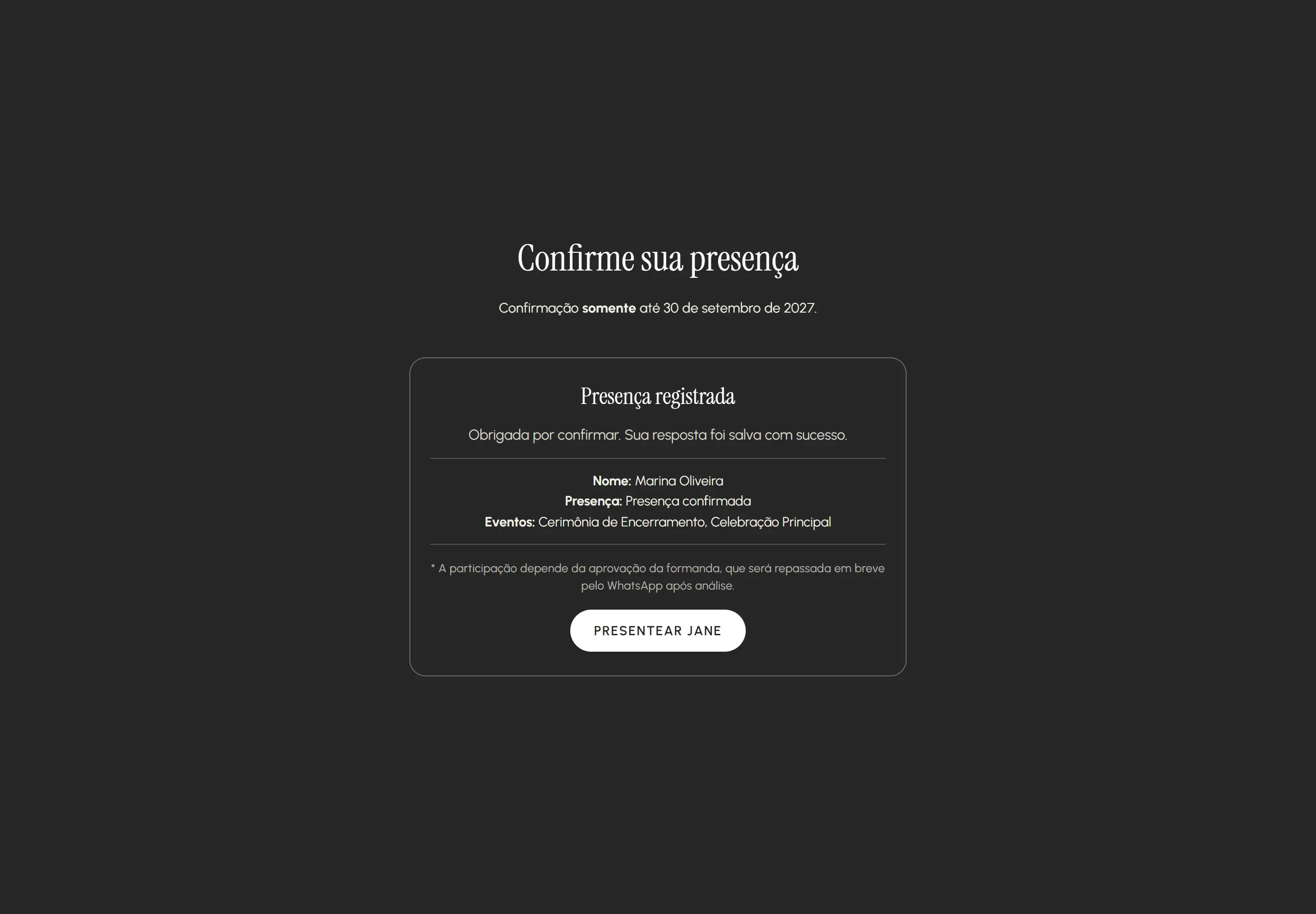 Confirmation with a response summary and a gifts button