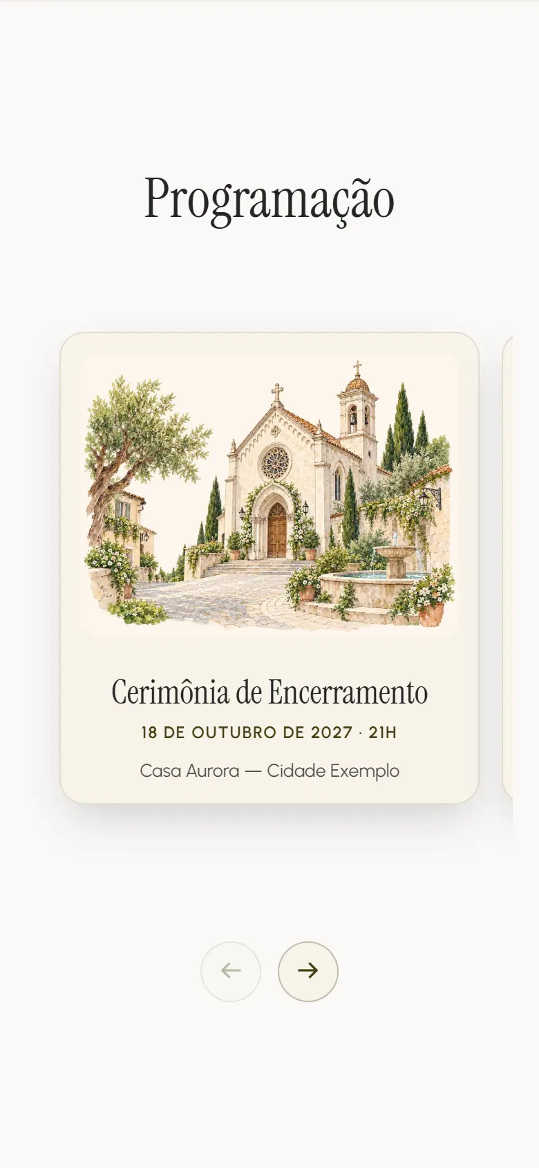 Mobile schedule: the first event, a glimpse of the next card and navigation controls