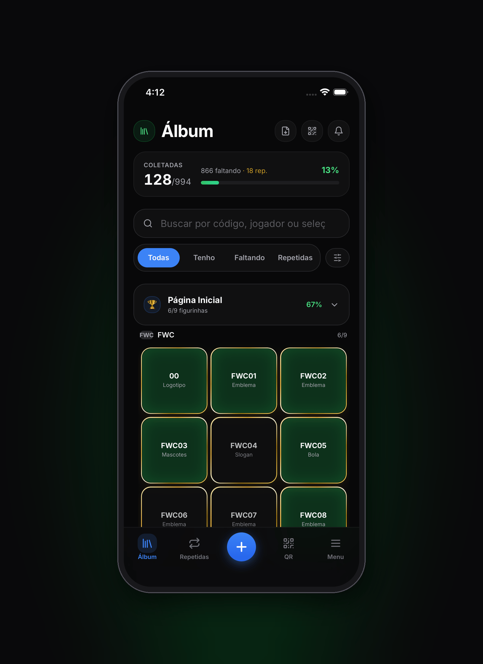 FIG26 album with search, filters and collected stickers