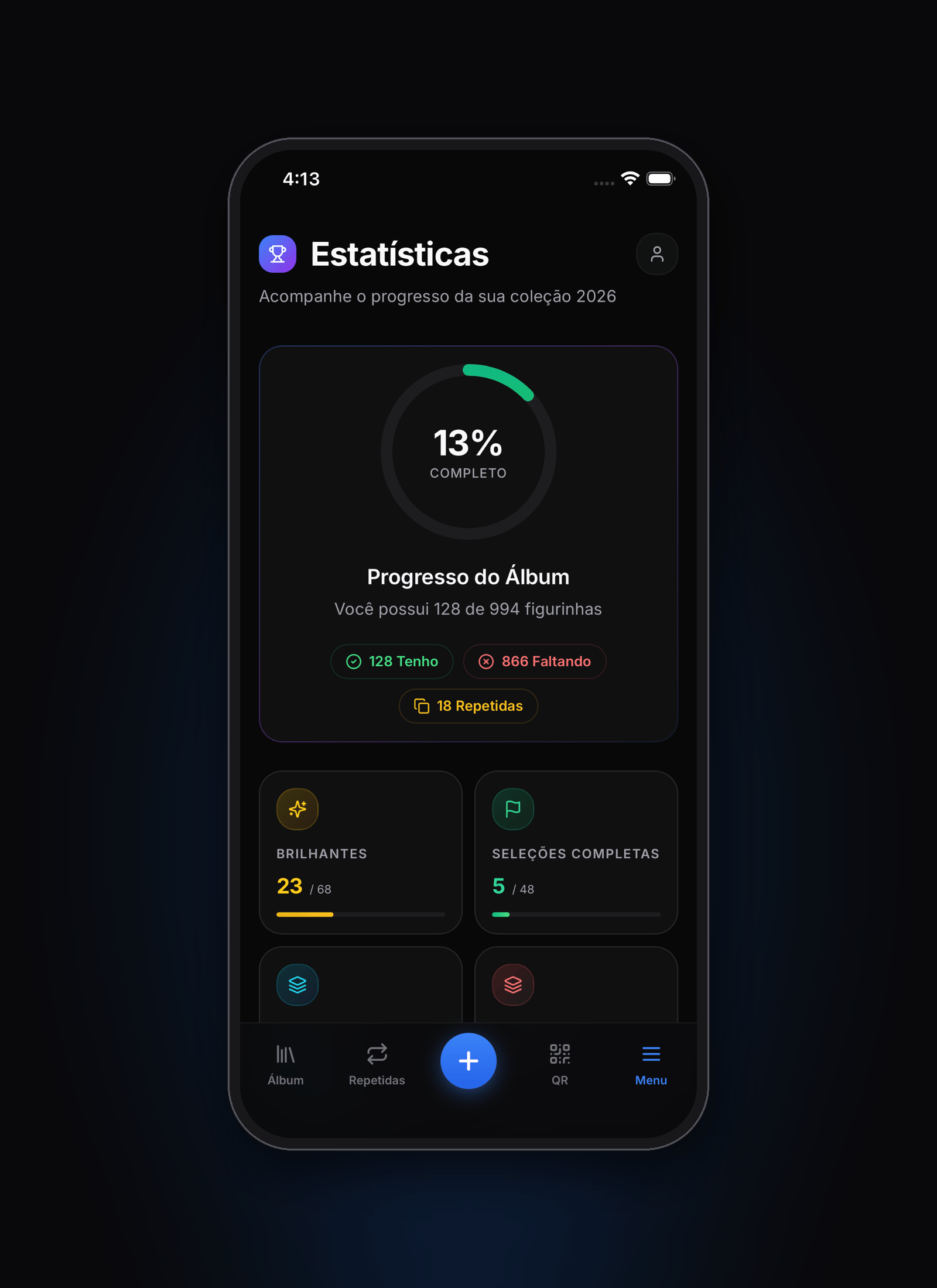 FIG26 dashboard with collection progress, missing stickers and duplicates