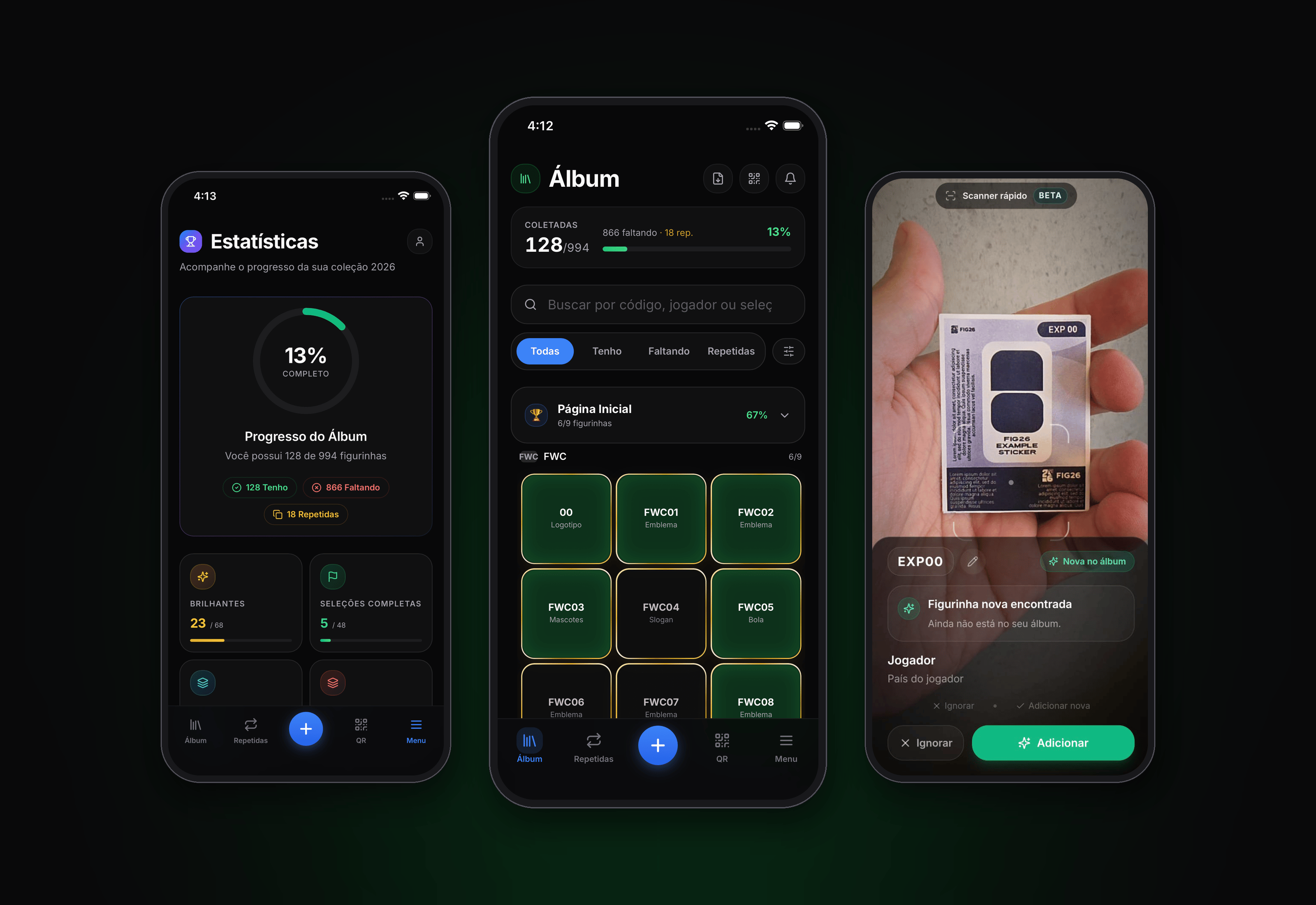 Real FIG26 interfaces: iPhone statistics and album, Android live scanner