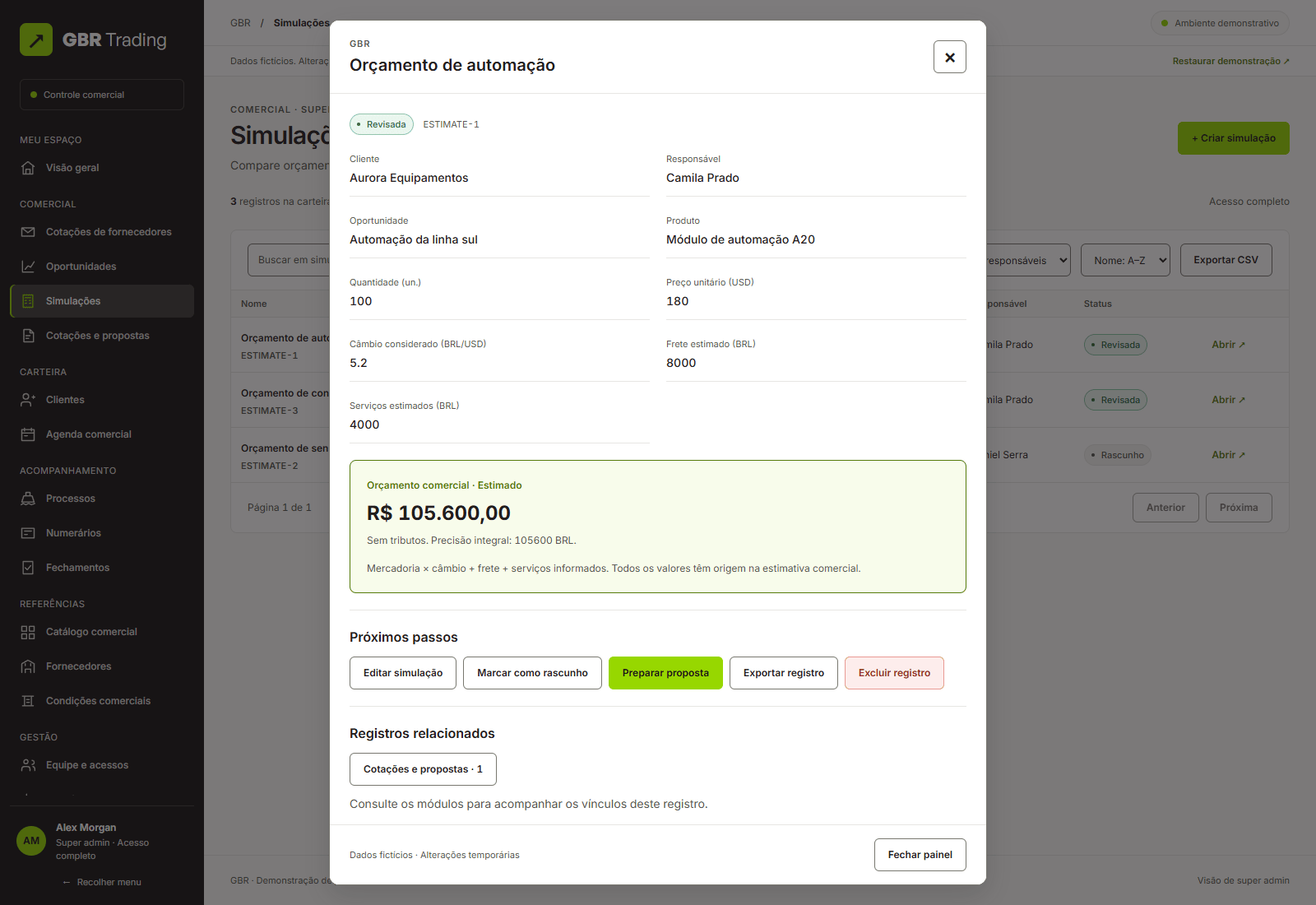 Demonstration simulation detail with a fictional client, product and commercial estimate