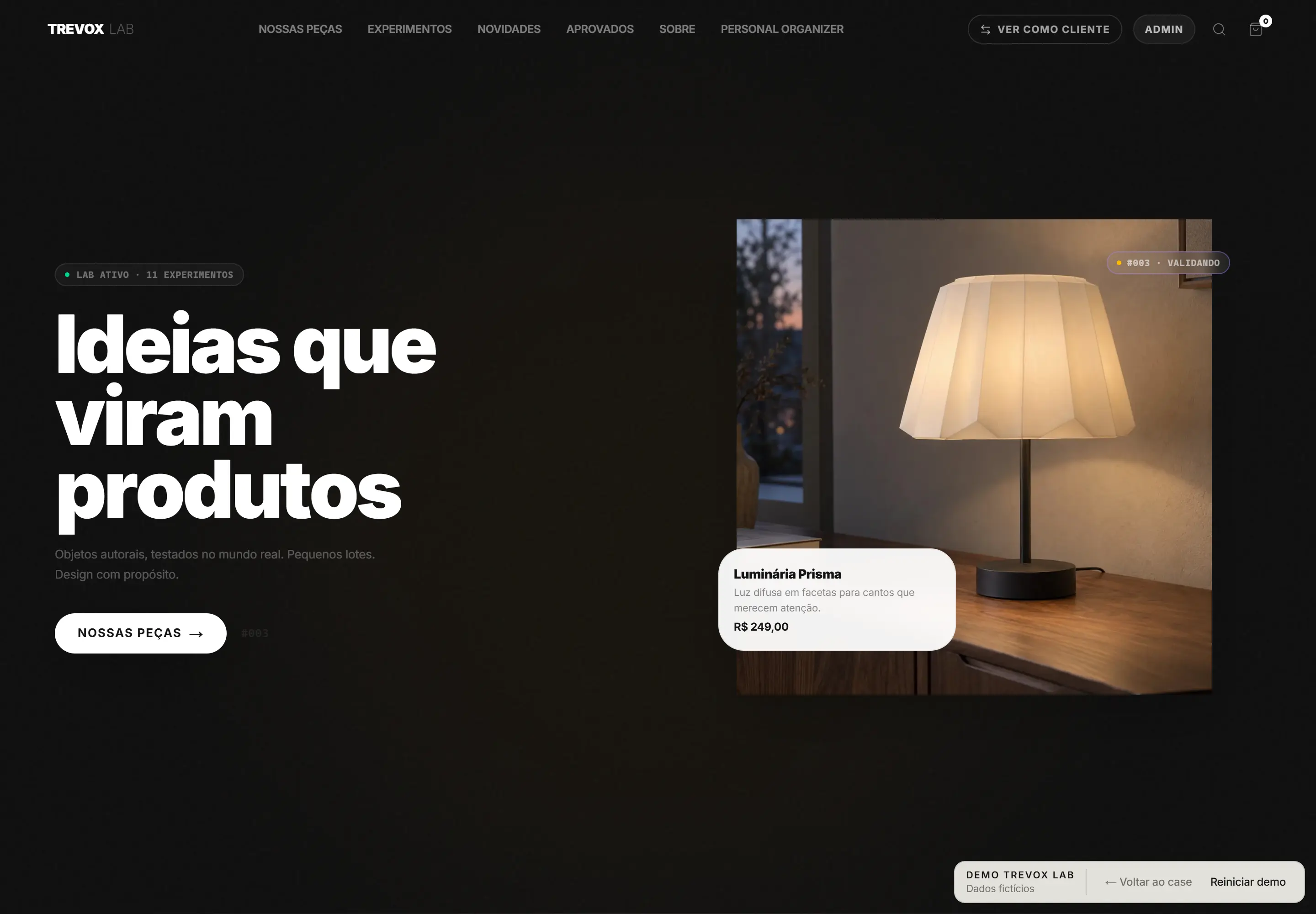 Trevox Lab homepage with navigation, store introduction and the Prisma lamp