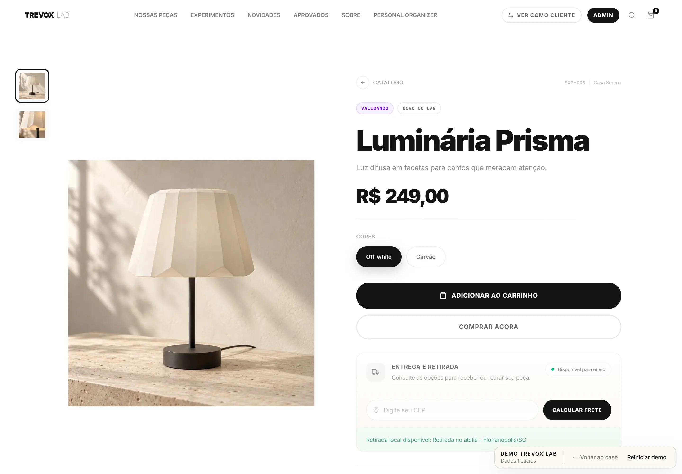 Prisma lamp product page with imagery, colors, fictional price and purchase controls
