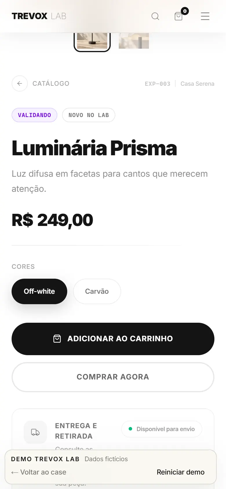 Continuation of the mobile product page: colors, fictional price and purchase controls