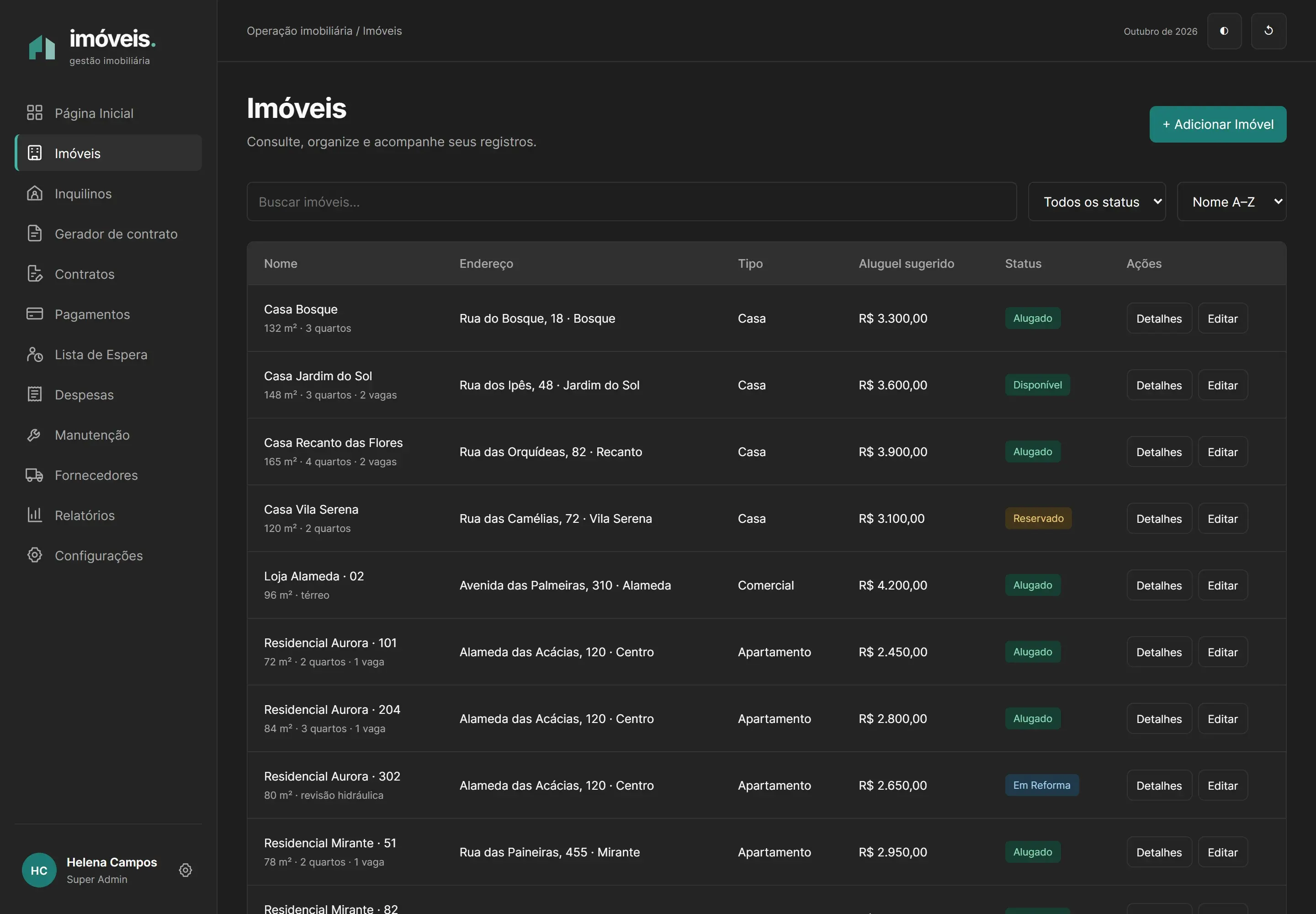 Property portfolio with search, filters, suggested rent and each unit’s status