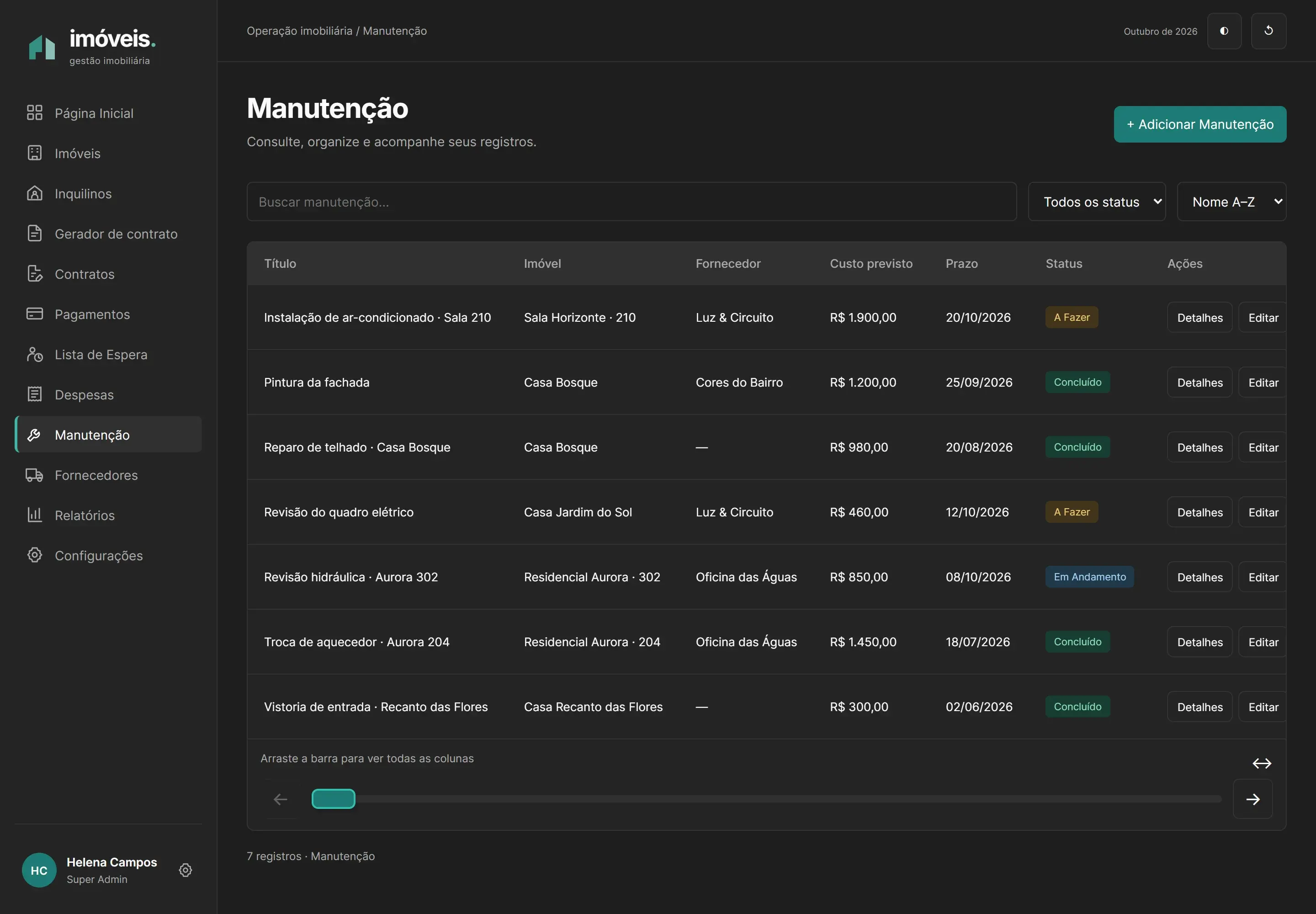 Maintenance list with property, supplier, estimated cost and status