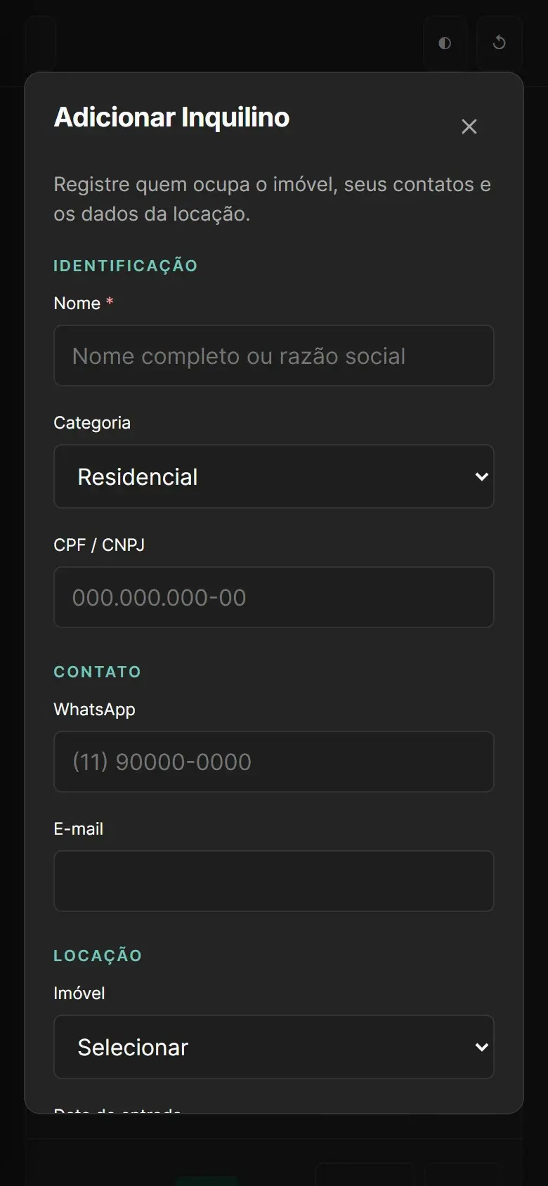 Mobile tenant form divided into identity, contact and rental sections